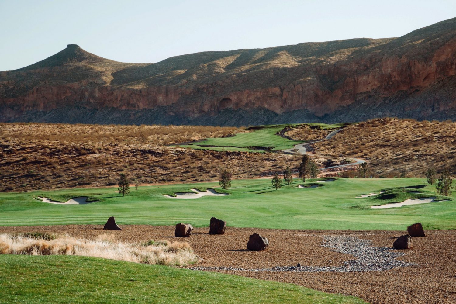 Copper Rock Golf Course elevated tee with panoramic desert valley and mountain views